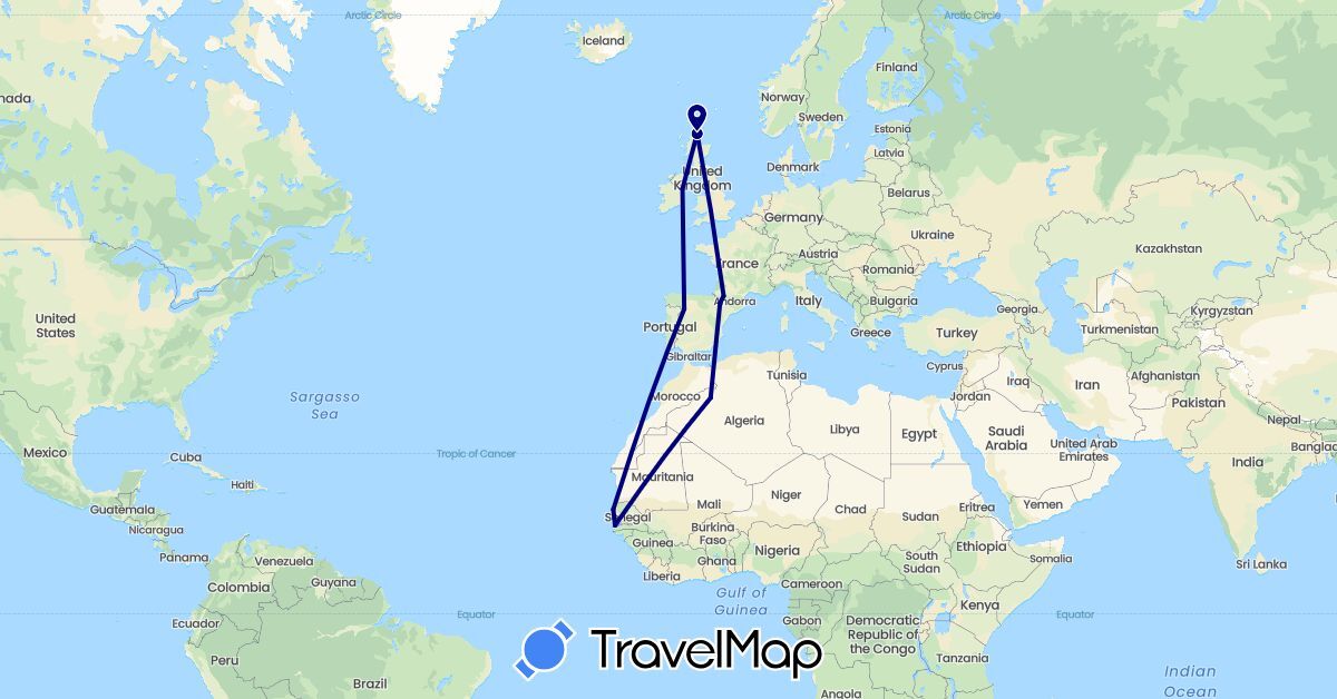TravelMap itinerary: driving in Algeria, Spain, France, United Kingdom, Gambia, Ireland, Senegal (Africa, Europe)